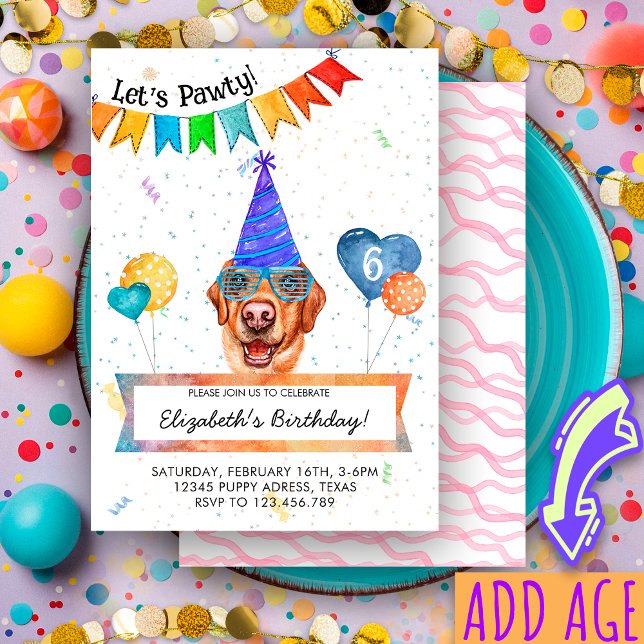 Yellow Labrador Lets Pawty Dog Birthday Party Invitation (Creator Uploaded)