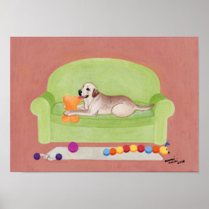 Yellow Labrador on the Green Couch Artwork Poster