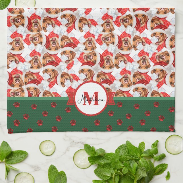 Yellow Labrador Pattern Monogram Christmas Dog Tea Towel (Folded)