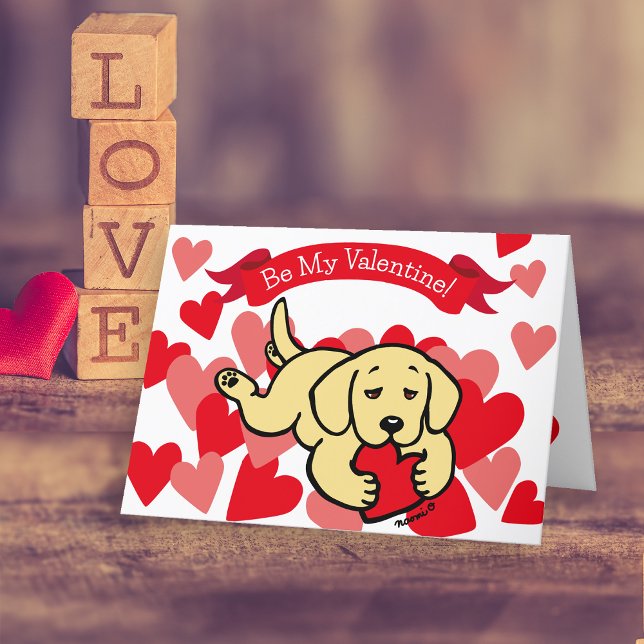 Yellow Labrador Puppy Chewing Heart Valentine Holiday Card (Yellow Labrador Puppy Chewing Heart Valentine's Day Cards for Labrador Owners.  Cute Cartoon design.)