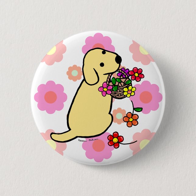 Yellow Labrador Puppy Flower Basket Cartoon 6 Cm Round Badge (Front)