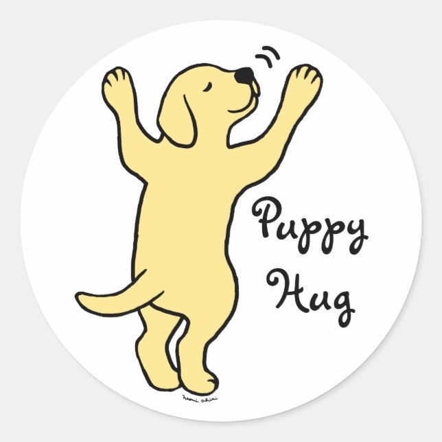 Yellow Labrador Puppy Hug Cartoon Classic Round Sticker (Front)