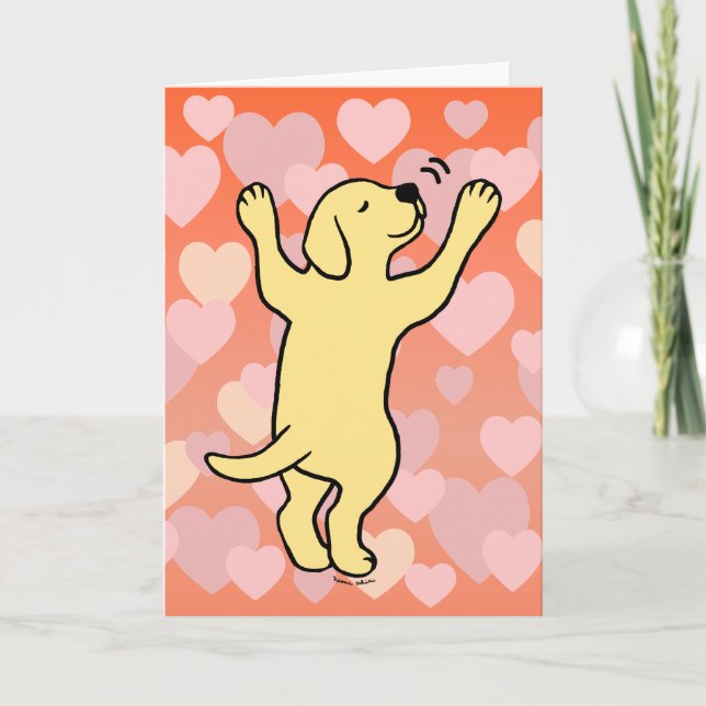 Yellow Labrador Puppy Hug Cartoon Hearts Card (Front)