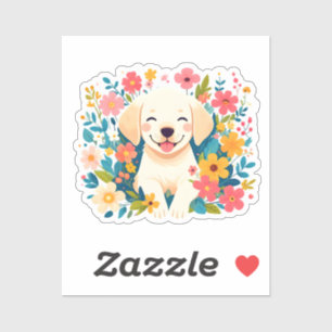 yellow labrador puppy in the middle of flowers