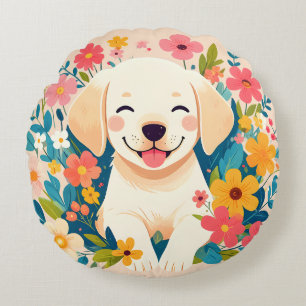 yellow labrador puppy in the middle of flowers round cushion
