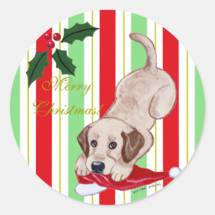 Yellow Labrador Puppy & Santa Hat Christmas Classic Round Sticker