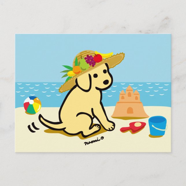 Yellow Labrador Puppy Straw Hat Cartoon Postcard (Front)