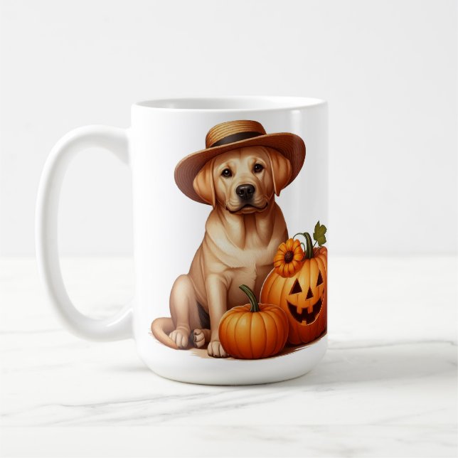 Yellow Labrador Puppy Wearing Hat with Pumpkins Coffee Mug (Left)