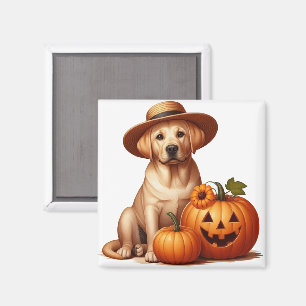 Yellow Labrador Puppy Wearing Hat with Pumpkins Magnet
