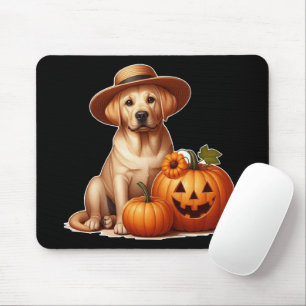 Yellow Labrador Puppy Wearing Hat with Pumpkins Mouse Pad