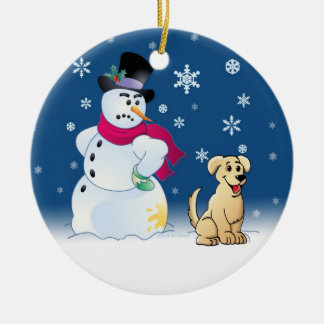 Yellow Labrador Retriever and Snowman Ceramic Tree Decoration