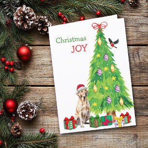 Yellow Labrador Retriever, Bird and Christmas Tree Holiday Card