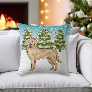 Yellow Labrador Retriever Blue Snow Winter Forest Cushion
