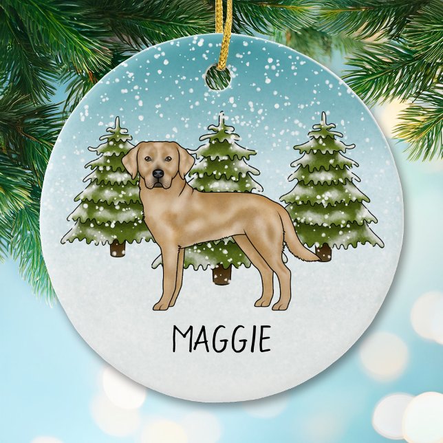 Yellow Labrador Retriever Blue Winter Custom Name Ceramic Ornament (Creator Uploaded)
