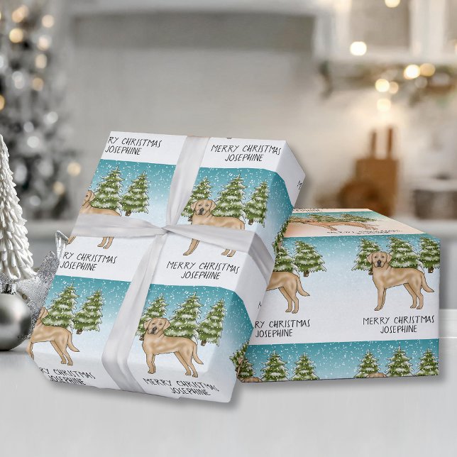 Yellow Labrador Retriever Blue Winter Custom Text Wrapping Paper (Creator Uploaded)