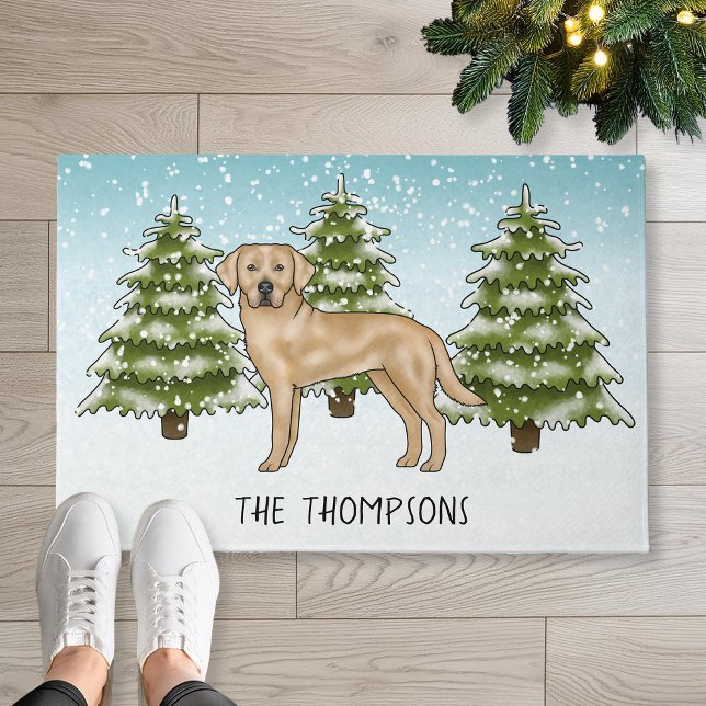 Yellow Labrador Retriever Blue Winter Family Name Doormat (Creator Uploaded)