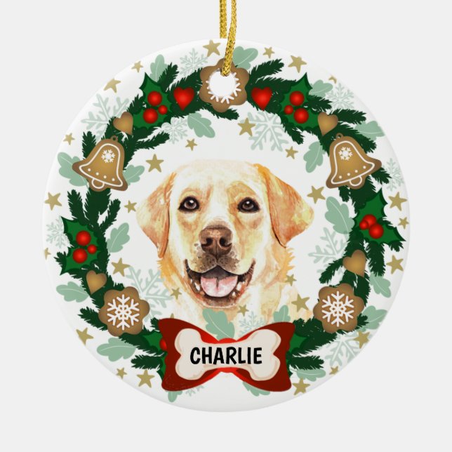 Yellow Labrador Retriever Christmas Cookie Wreath Ceramic Ornament (Front)
