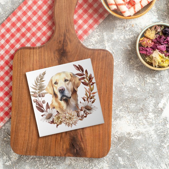 Yellow Labrador Retriever Dog Autumn Wreath Ceramic Tile (Creator Uploaded)