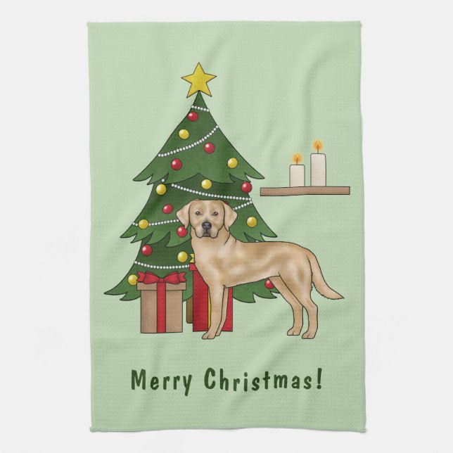 Yellow Labrador Retriever Dog With Christmas Tree Tea Towel (Vertical)