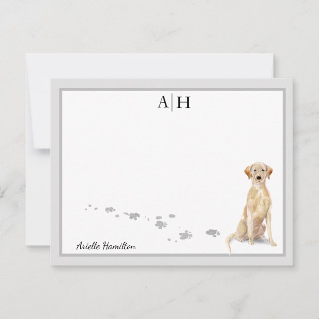 Yellow Labrador Retriever Grey Border Monogram Card (Front)