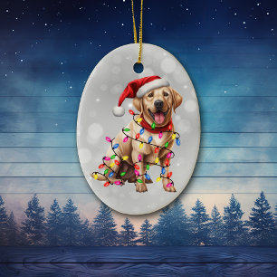 Yellow Labrador Retriever in Christmas Lights Ceramic Ornament