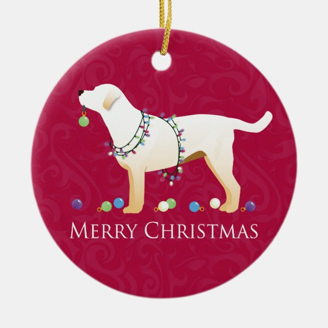 Yellow Labrador Retriever Merry Christmas Design Ceramic Ornament (Front)