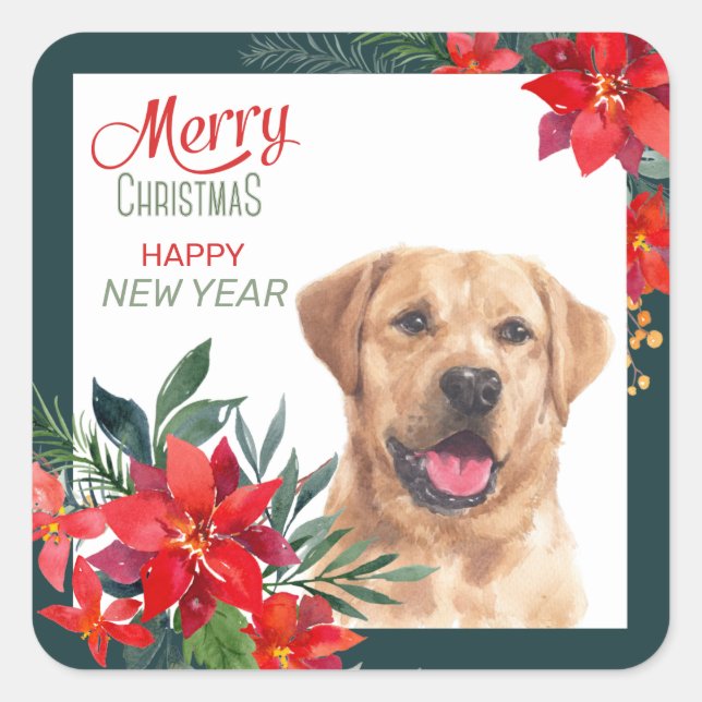 Yellow Labrador Retriever Poinsettia Bouquet Square Sticker (Front)