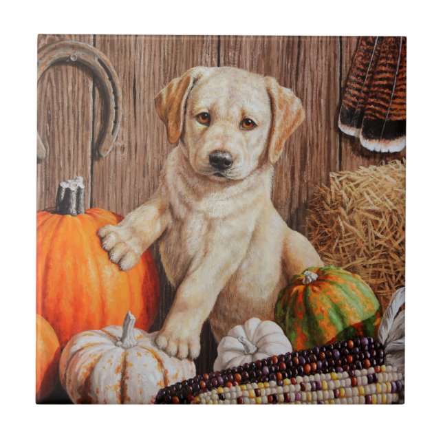 Yellow Labrador Retriever Puppy Dog Pumpkin Autumn Ceramic Tile (Front)
