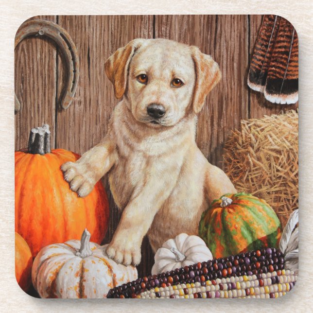 Yellow Labrador Retriever Puppy Dog Pumpkin Autumn Coaster (Front)