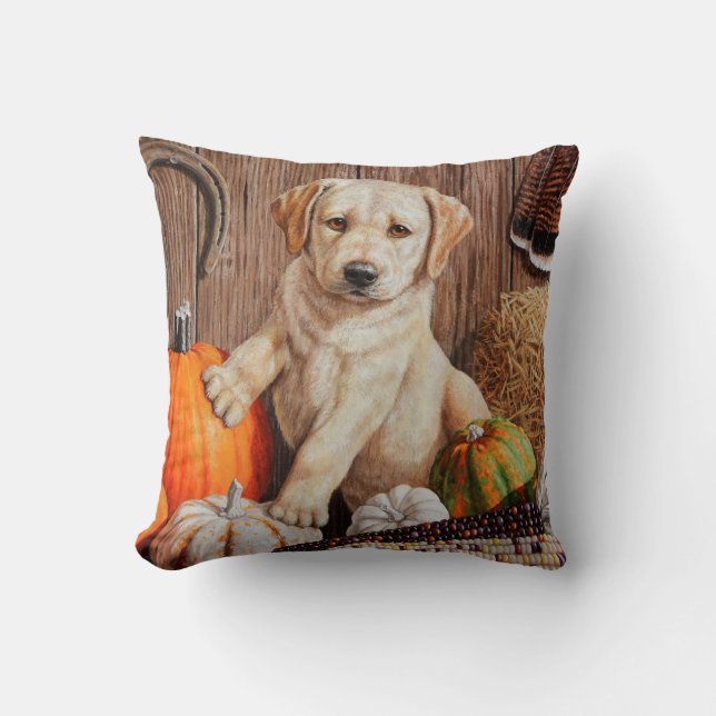 Yellow Labrador Retriever Puppy Dog Pumpkin Autumn Cushion (Front)