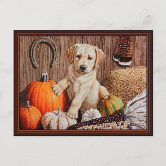 Yellow Labrador Retriever Puppy Dog Pumpkin Autumn Holiday Postcard (Front)