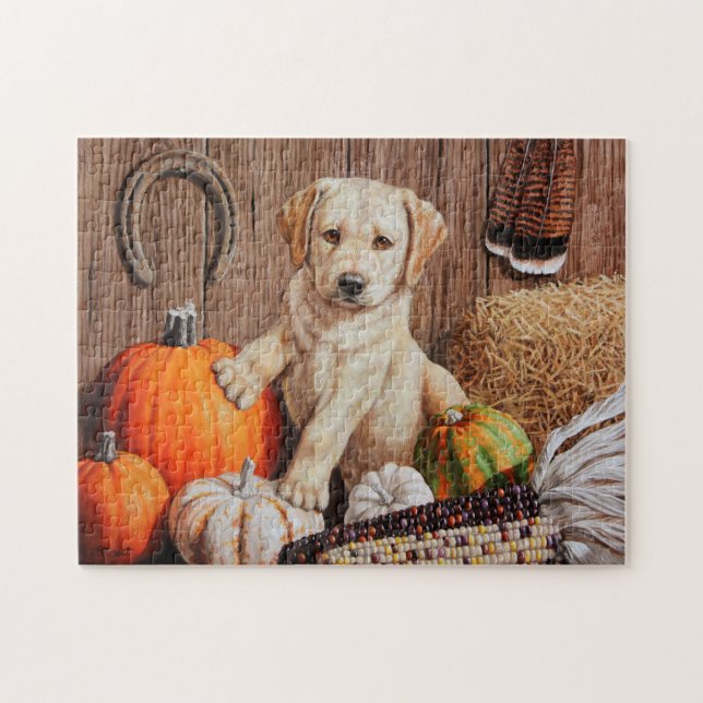 Yellow Labrador Retriever Puppy Dog Pumpkin Autumn Jigsaw Puzzle (Horizontal)