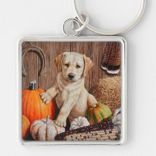 Yellow Labrador Retriever Puppy Dog Pumpkin Autumn Key Ring