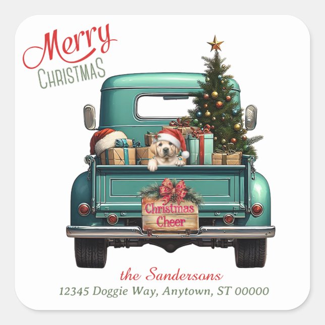 Yellow Labrador Retriever Puppy Retro Truck Square Sticker (Front)