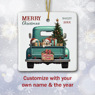 Yellow Labrador Retriever Puppy Truck Christmas Ceramic Ornament