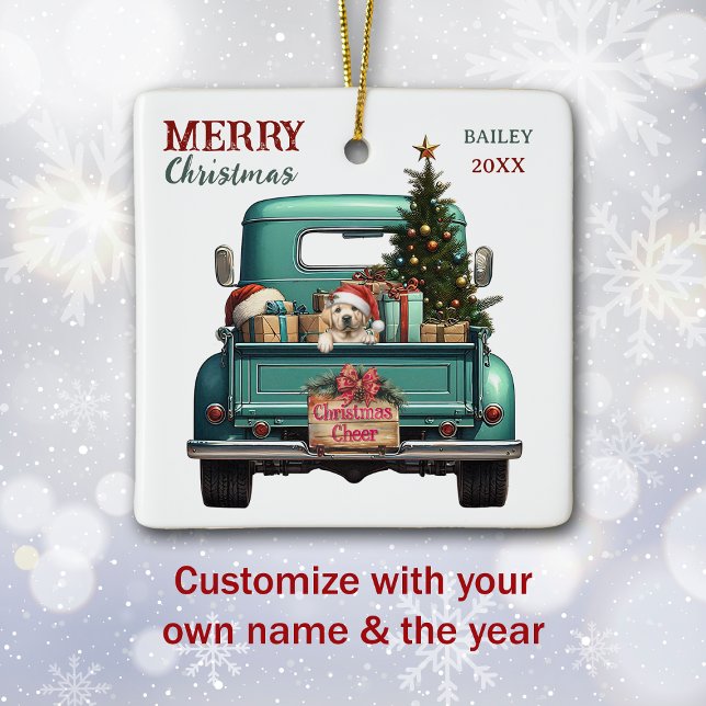 Yellow Labrador Retriever Puppy Truck Christmas Ceramic Ornament (Creator Uploaded)