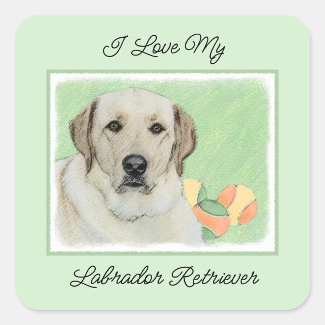 Yellow Labrador Retriever & Tennis Balls Painting Square Sticker (Front)