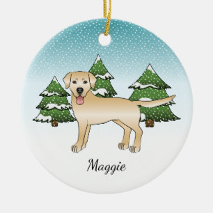 Yellow Labrador Retriever - Winter Forest & Name Ceramic Ornament
