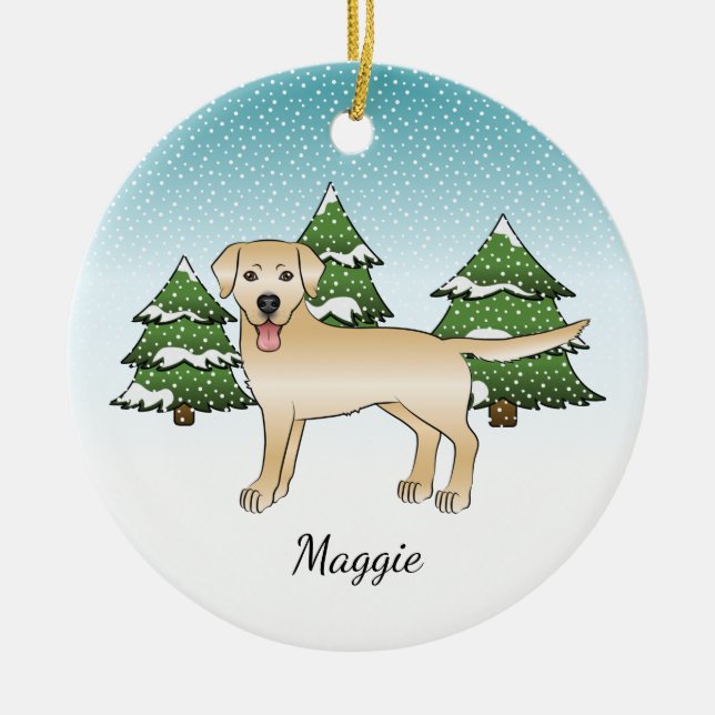 Yellow Labrador Retriever - Winter Forest & Name Ceramic Ornament (Front)