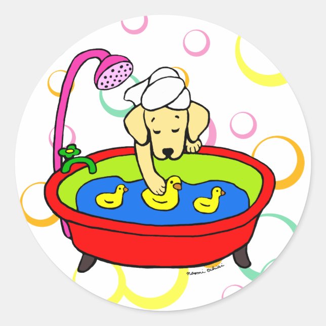 Yellow Labrador & Rubber Ducks Cartoon Classic Round Sticker (Front)