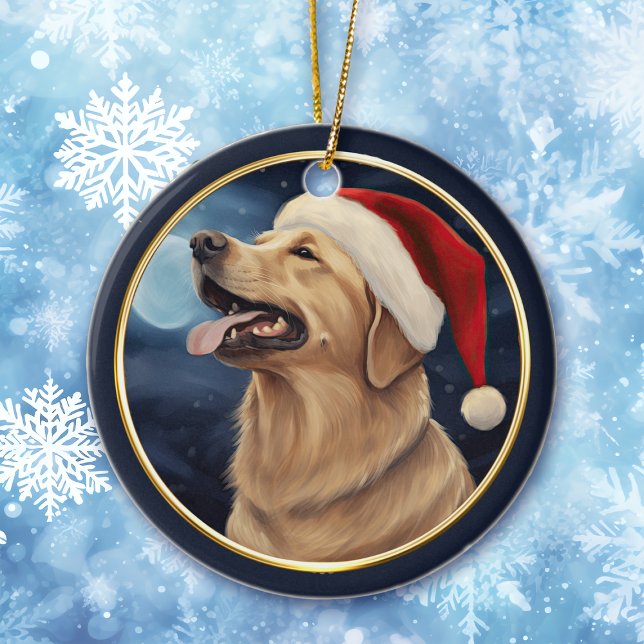 Yellow Labrador Santa Hat Christmas Night Ceramic Ornament (Creator Uploaded)