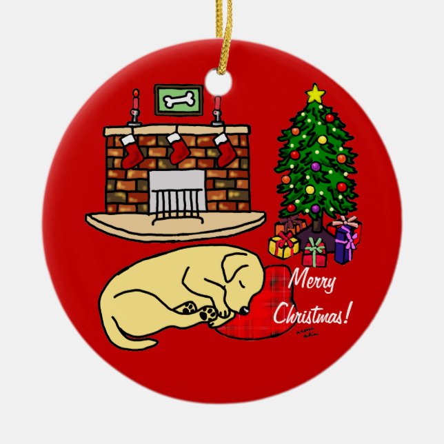 Yellow Labrador Sleeping Christmas Cartoon Ceramic Ornament (Front)