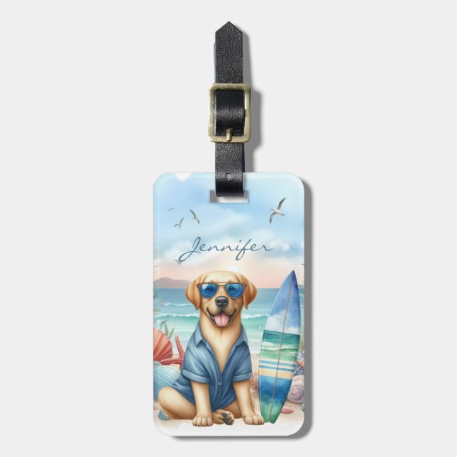 Yellow Labrador Surfing Luggage Tag (Front Vertical)