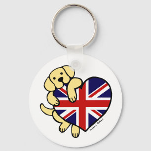 Yellow Labrador & UK Flag Heart 2 Cartoon Key Ring