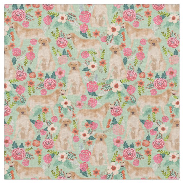 Yellow Labrador vintage florals mint Fabric (Close Up)