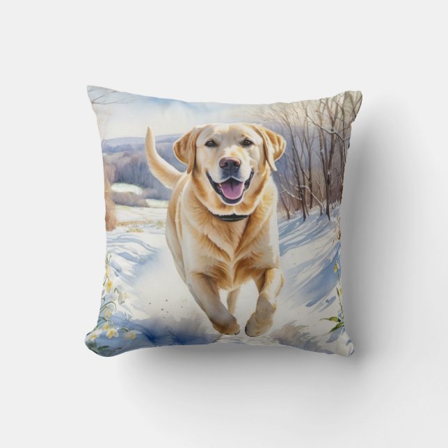 Yellow Labrador Winter Snow Watercolor Dog Breed Cushion (Front)