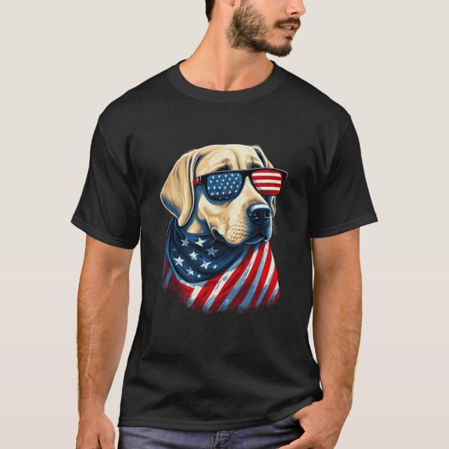 Yellow Labrador With American Flag Patriotic USA T-Shirt (Front)