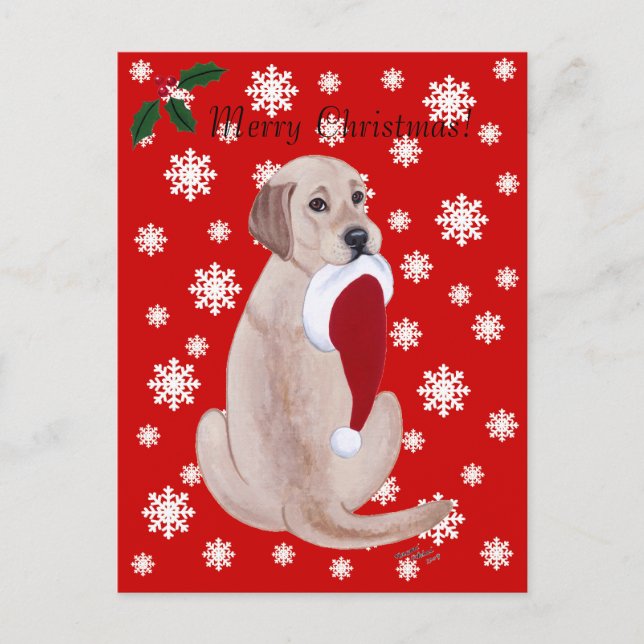 Yellow Labrador with Santa Hat Snowflake Holiday Postcard (Front)