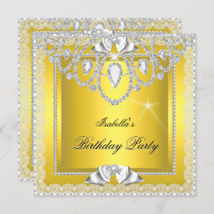 Yellow Lace Elegant Diamonds Silver Birthday Party Invitation