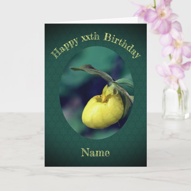Yellow Lady Slipper Personalised Birthday  Card (Orchid)